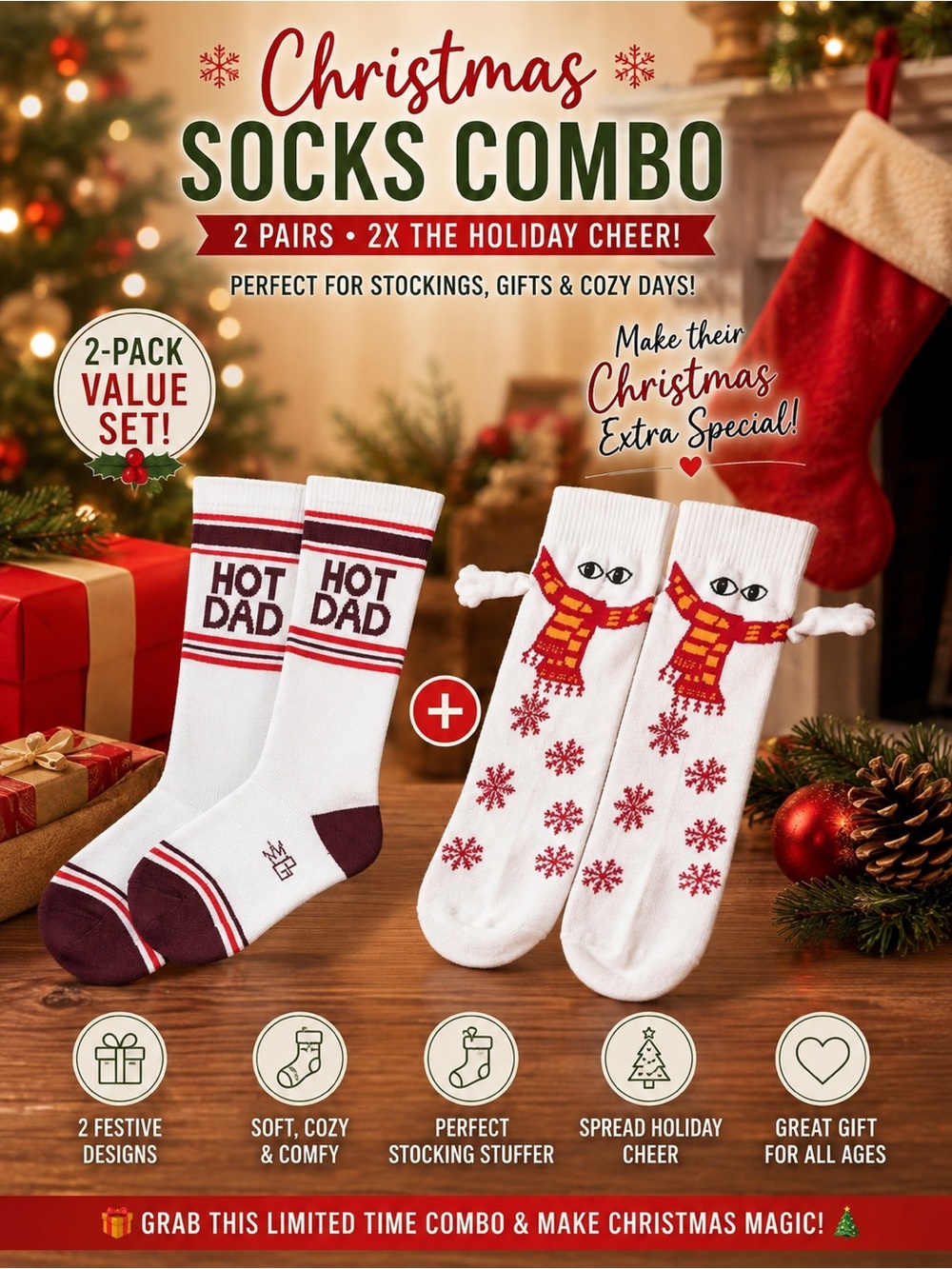 White 'Hot Dad' + Cute hugging Crew Socks with Burgundy Accents | NWT COMBO 🧦🧦